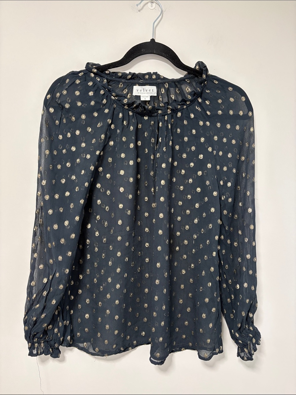 Velvet by Graham & Spencer Black Blouse with Gold Dot Ruffle Neck